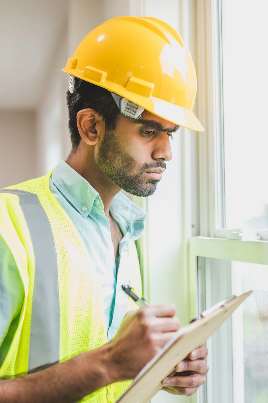 Property inspector checking the condition of a room