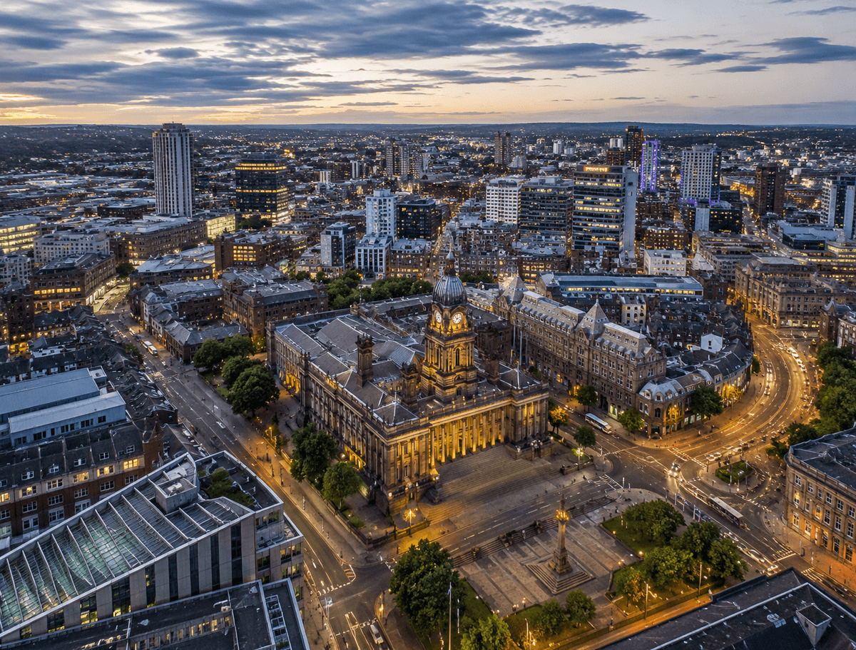 Leeds city centre at dusk