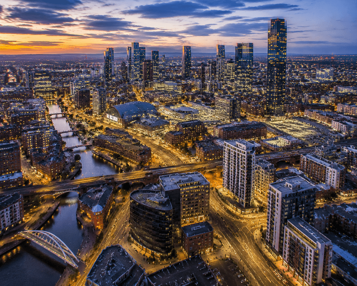 Manchester city centre at dusk