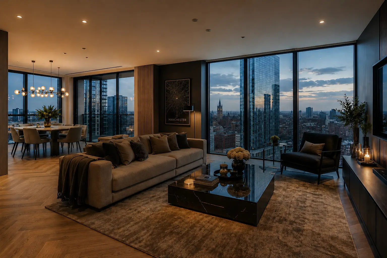 A premium city-view apartment interior styled for viewings