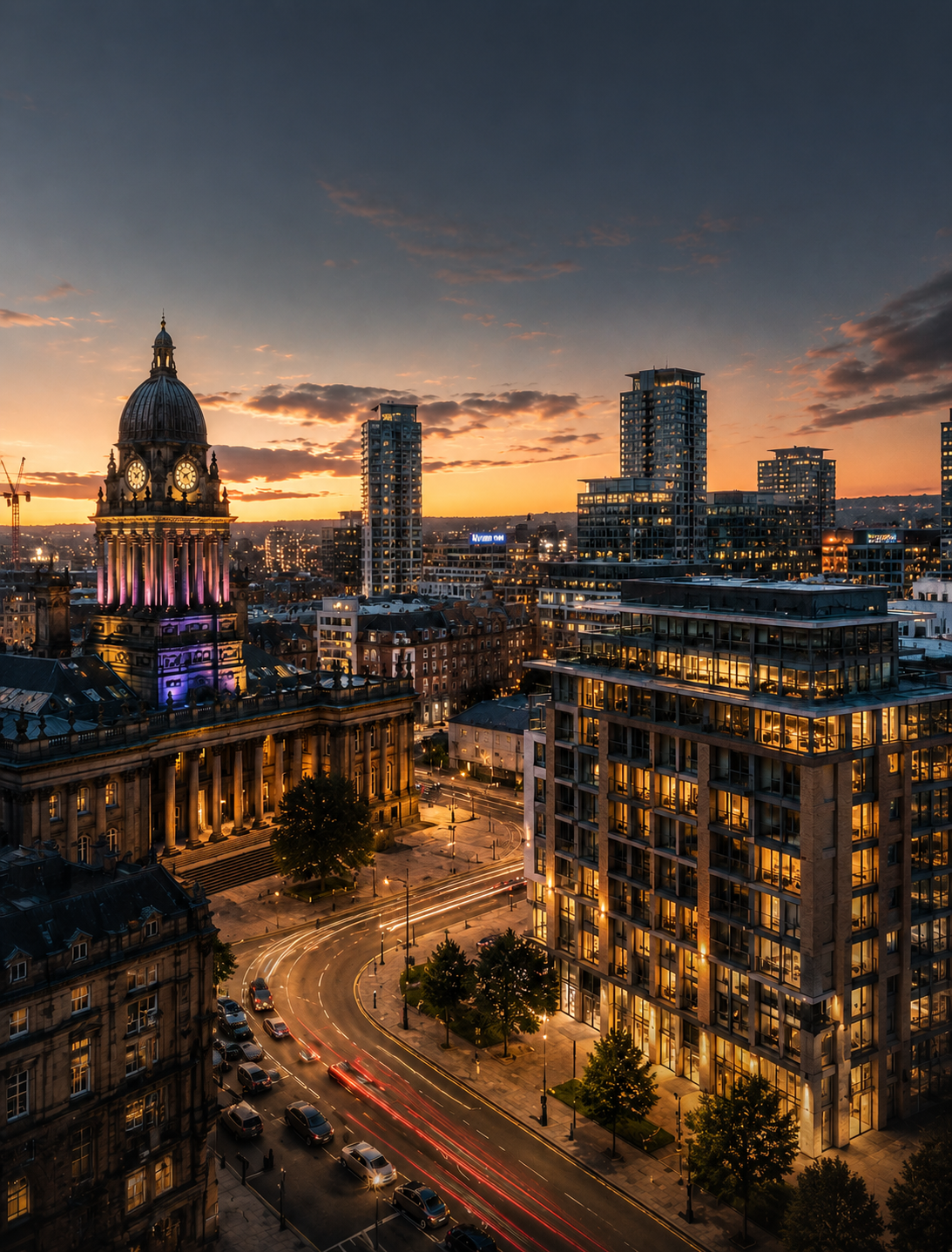 The Leeds city skyline at sunset