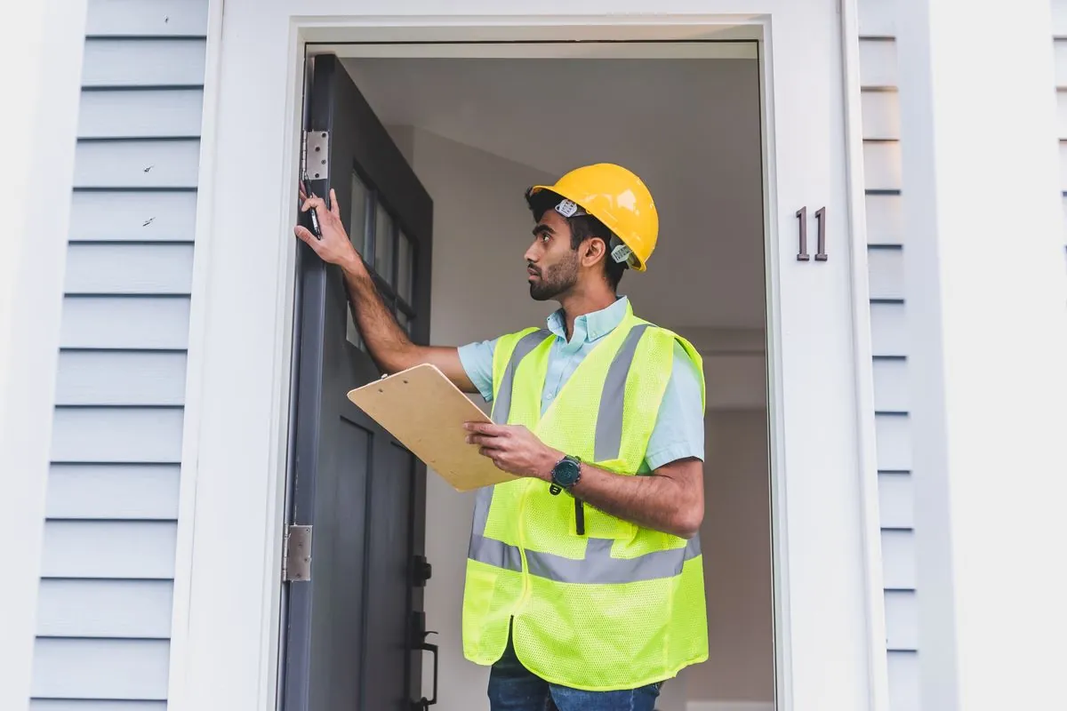 A property inspector checking a door frame