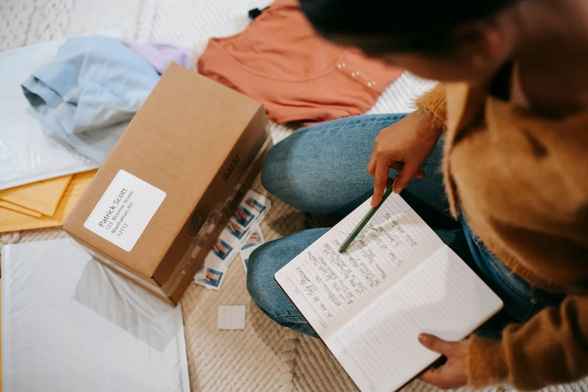 A person planning a move with a notebook beside packed boxes