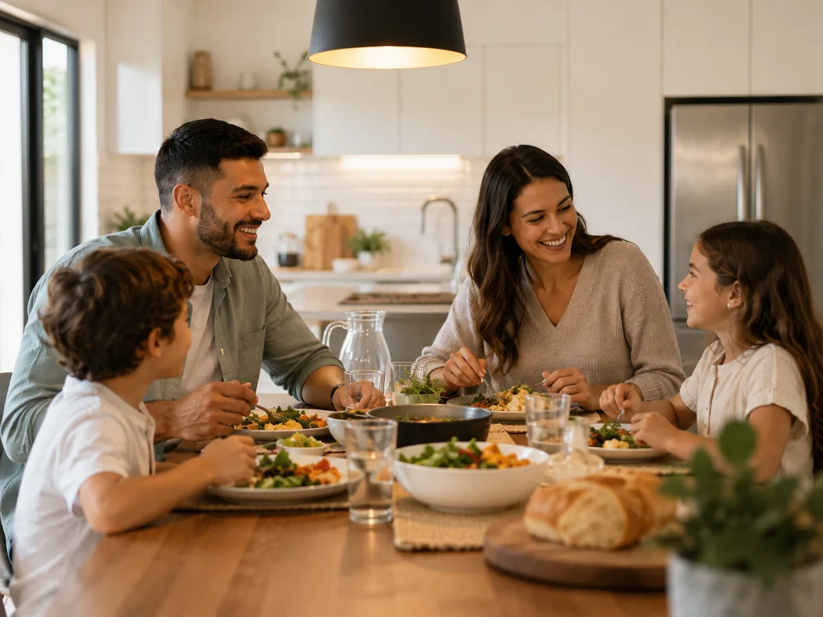 A family enjoying a meal together in their kitchen