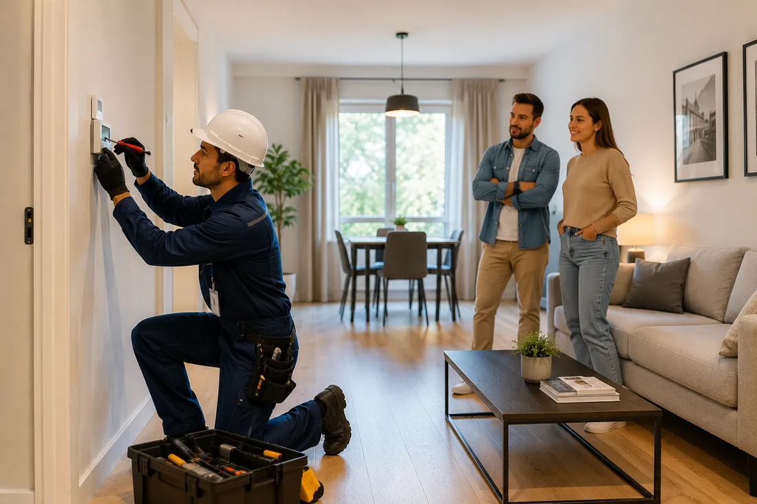 A contractor repairing a wall thermostat while the tenants look on